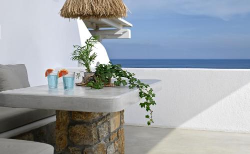a table with plants on it next to a wall at VLIA MAR Myconian Residences in Kalafatis