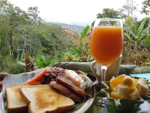 a plate of food with toast and a glass of orange juice at Hotel Green Mountain turrialba in Turrialba