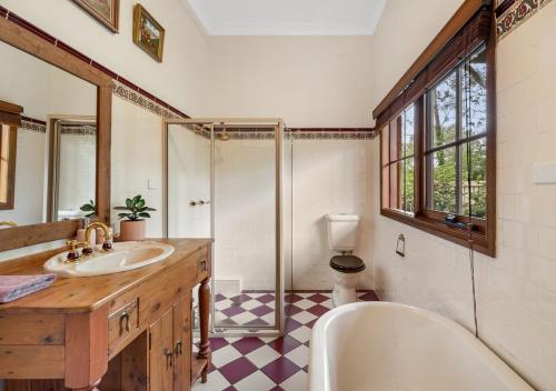 W łazience znajduje się wanna, umywalka i prysznic. w obiekcie Blue Country Lodge w mieście Katoomba