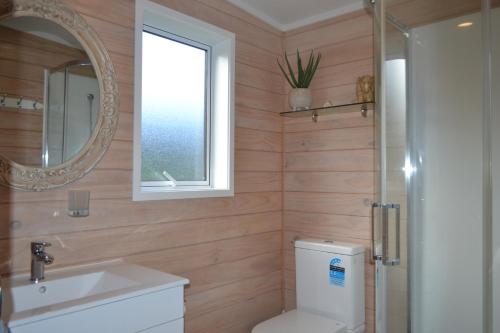 bagno con servizi igienici, lavandino e specchio di Manuka Views - Close to Thermal Hot Pools a Kaukapakapa