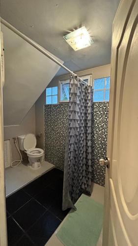 a bathroom with a toilet and a shower curtain at lemoon house khaoyai in Nong Nam Daeng