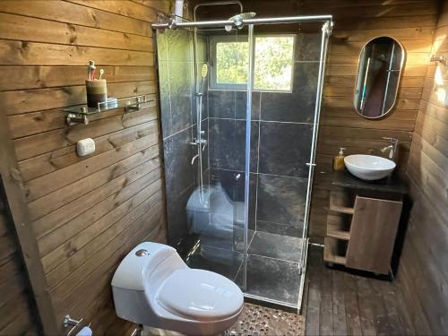 y baño con aseo, ducha y lavamanos. en Entre-pinos Glamping WiFi Vista 360º, en Guarne