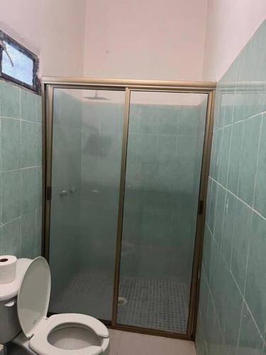 a bathroom with a toilet and a glass shower at Flores Condominios Depa Rosa in Álamos