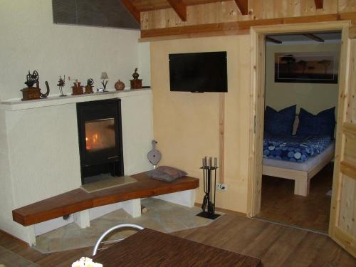 a living room with a bed and a fireplace at Ferienwohnung Makowitschka in Kreischa