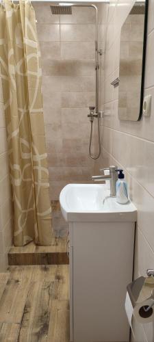 a bathroom with a white sink and a shower at SweetHomeApartment in Kamianets-Podilskyi
