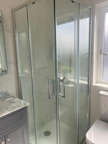 a shower with a glass door in a bathroom at Cosy home in Dungarvan