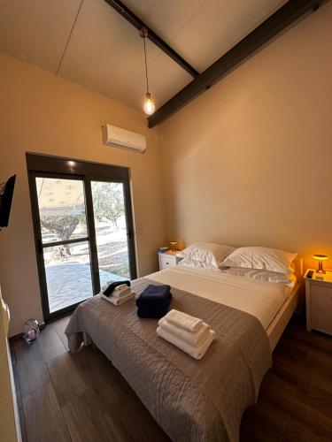 1 dormitorio con 1 cama grande y toallas. en Elaiocampus luxury house, en Kamáres