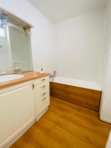 une salle de bain avec un lavabo et un miroir dans l'établissement T2 à 50 mètres de la mer, belle vue sur végétation, à Saint-Raphaël