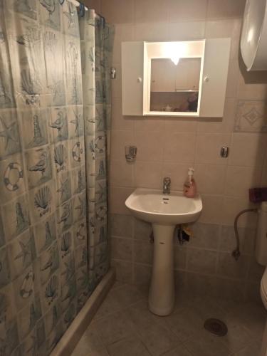 ein Bad mit einem Waschbecken und einem Duschvorhang in der Unterkunft Avgonima Family's Rooms in Chios