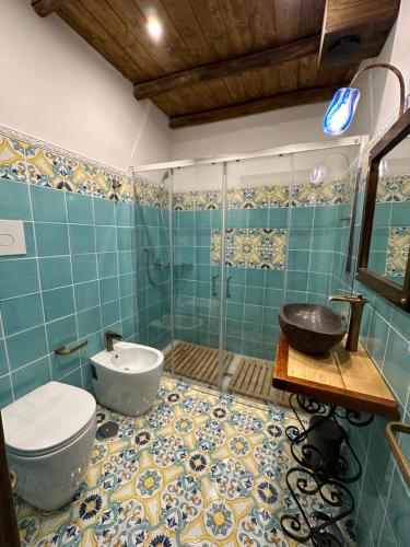 y baño con aseo, lavabo y ducha. en Villa Mazza al Vesuvio, en Torre del Greco