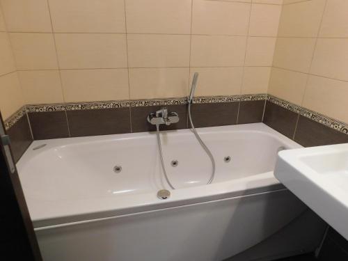 a white bath tub with a shower in a bathroom at Apartment Keymaster's Hideaway in Ljubljana