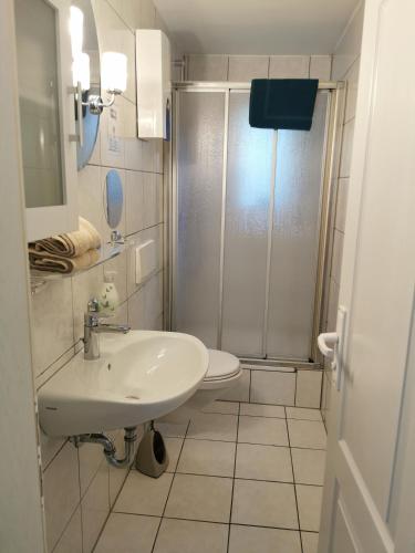 een witte badkamer met een douche en een wastafel bij Gästehaus Schönwälder in Beuron