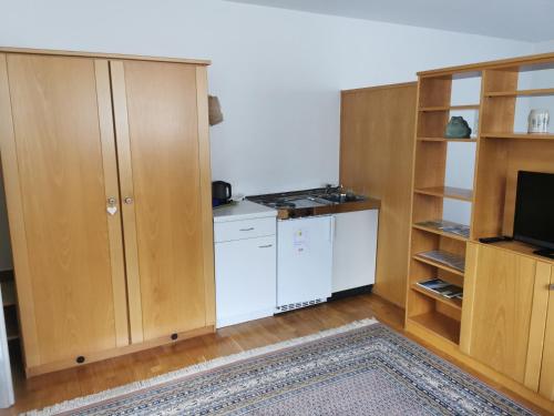 a kitchen with wooden cabinets and a tv in it at Gästehaus Schönwälder in Beuron