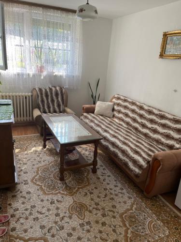 een woonkamer met een bank en een salontafel bij Apartman Jamal in Sarajevo