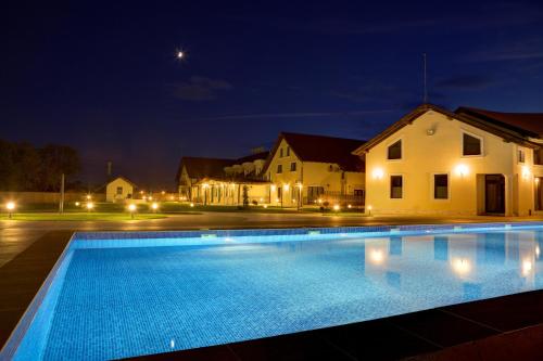 a villa with a swimming pool at night at Allegria Hotel in Alba Iulia