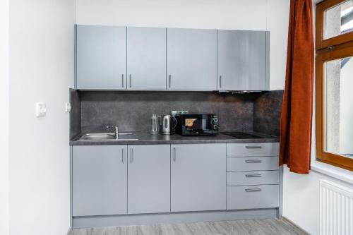 a kitchen with white cabinets and a sink at Apartmán v Poděbradech in Poděbrady