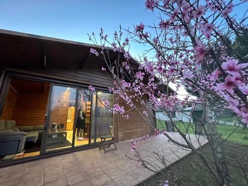 a tree with pink flowers in front of a house at Gondomar a 10 min Playa América in Gondomar