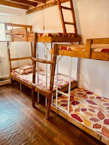 Babu Backpackers inn في موالبوال: سريرين بطابقين في غرفة مع أرضيات خشبية