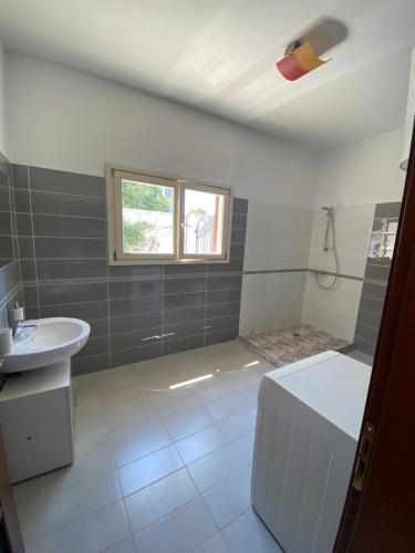 a bathroom with a sink and a toilet and a window at Villa MINO in Shkodër