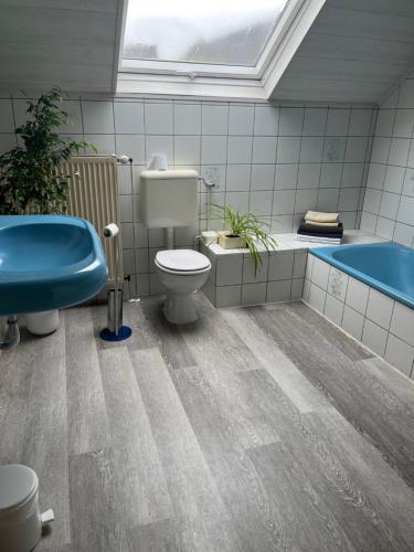 a bathroom with a toilet and a bath tub at Monteurzimmer-Graf in Nidda