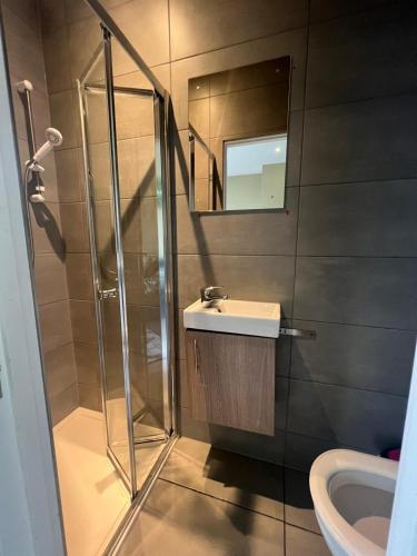 uma casa de banho com um chuveiro, um lavatório e um espelho. em Barnet Studios em New Southgate