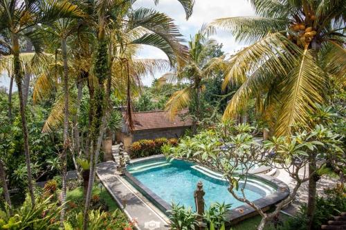 a swimming pool in a garden with palm trees at White House in Ubud