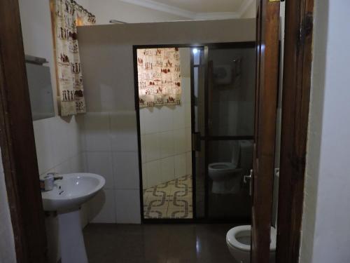 uma casa de banho com um lavatório e um WC em Perigrin Rest House em Karatu