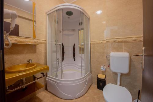 W łazience znajduje się prysznic, umywalka i toaleta. w obiekcie Hotel Coral w mieście Eforie Nord