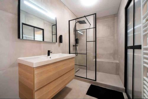 La salle de bains est pourvue d'un lavabo et d'une douche. dans l'établissement appartement avec jaccuzzi 15 min du centre de lyon, à Villeurbanne