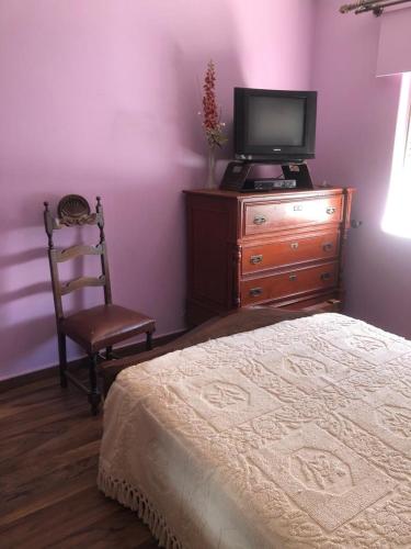 a bedroom with a bed and a tv and a chair at Quartos Forest Domes Seubal in Setúbal