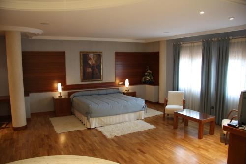 1 dormitorio con 1 cama, mesa y sillas en Hotel Alameda, en Alba de Tormes
