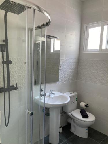 a bathroom with a toilet and a sink and a shower at Spacious vintage 18 in Vinarós