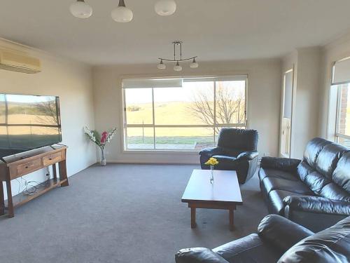 a living room with a leather couch and a television at Country Paradise Estate in Hall
