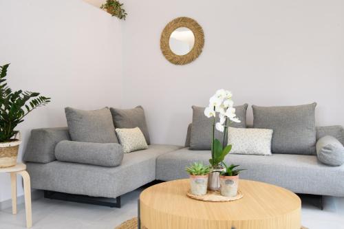 a living room with a couch and a coffee table at KORINA APART HOTEL KAVOS in Kavos