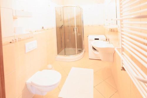 a bathroom with a toilet and a shower and a sink at APARTAMENTY BIAŁA MEWA - Na wydmie 8/9 in Ustka