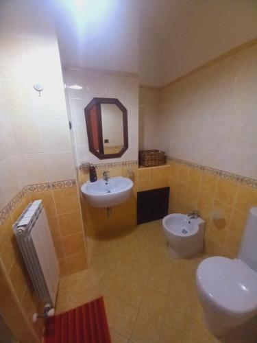 ein Badezimmer mit einem Waschbecken, einem WC und einem Spiegel in der Unterkunft La casa delle fate in Giave