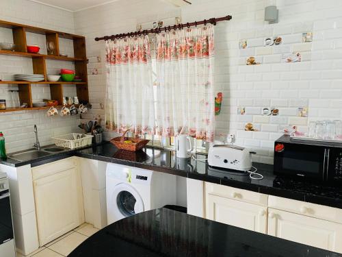 a kitchen with a washer and dryer on a counter at Oceanic View Apartments in Beau Vallon