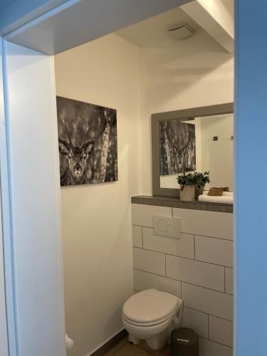 a bathroom with a toilet and a picture of a deer at Weberhof - Münster 5 in Münster