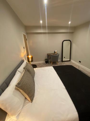 a bedroom with a large bed and a mirror at Luxury 2 bed 1 bath in Central London by Graceful Apartments in London