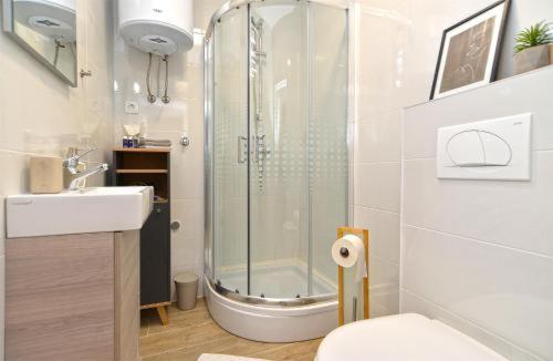 een badkamer met een douche, een toilet en een wastafel bij Apartment Miha in Loborika