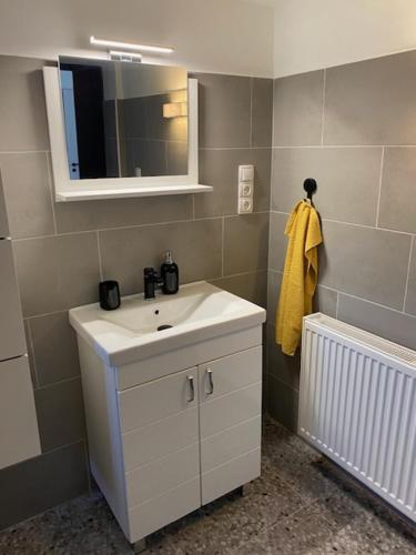 a bathroom with a white sink and a mirror at Dóra vendégház in Letenye