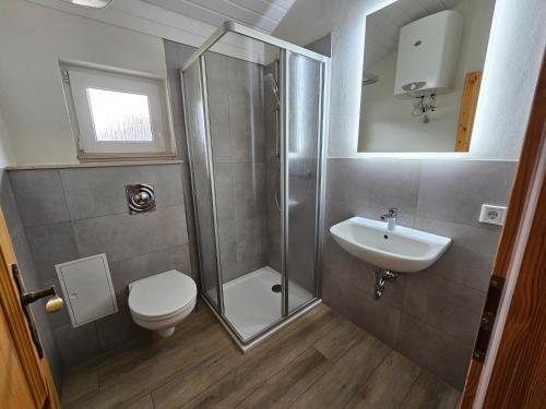 a bathroom with a shower and a toilet and a sink at Natur- und Aktivresort Senftenberg in Schipkau