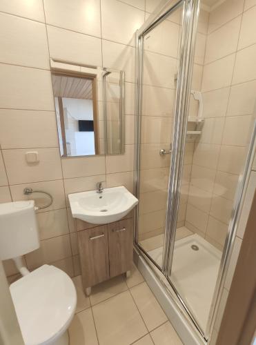 een badkamer met een douche, een toilet en een wastafel bij Widok apartamenty domki pokoje 725 -258 -751 in Polańczyk