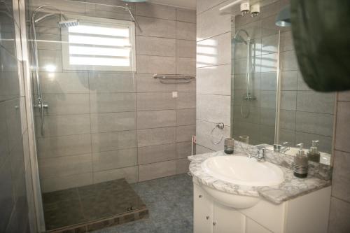 a bathroom with a sink and a glass shower at La case à Nath - Piscine chauffée et jacuzzi in Saint-Pierre