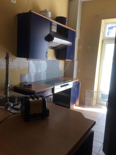 une cuisine avec des placards bleus et un comptoir dans l'établissement Zimmer in Kaiserslautern, à Kaiserslautern
