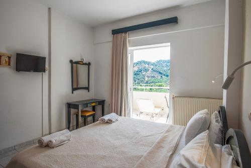 um quarto de hotel com uma cama e uma janela em Antonis Studios & Apartments em Plakiás