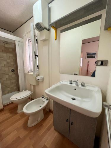 a bathroom with a sink and a toilet and a mirror at Villaggio Mondial Camping in Metaponto