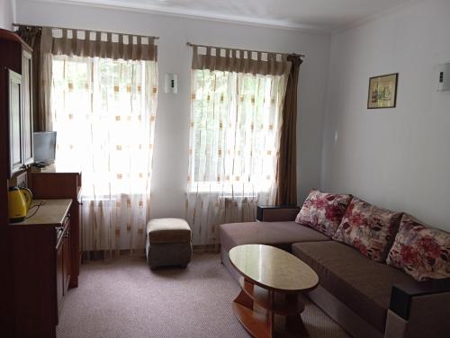 sala de estar con sofá y 2 ventanas en Prestige en Leópolis