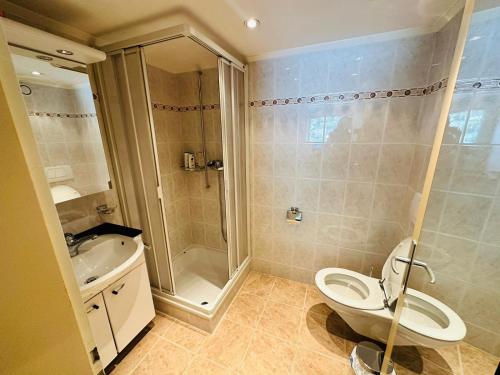 een badkamer met een douche, een toilet en een wastafel bij Montreux IX in Montreux
