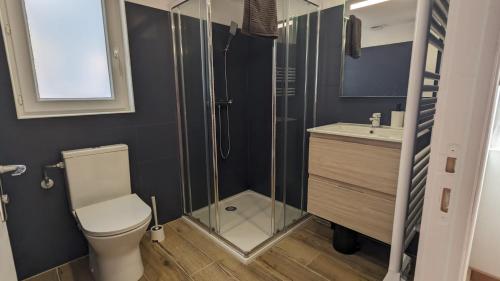 une salle de bain avec toilettes, douche et lavabo dans l'établissement Maison neuve à 15 min de Cassis, à Roquefort-la-Bédoule